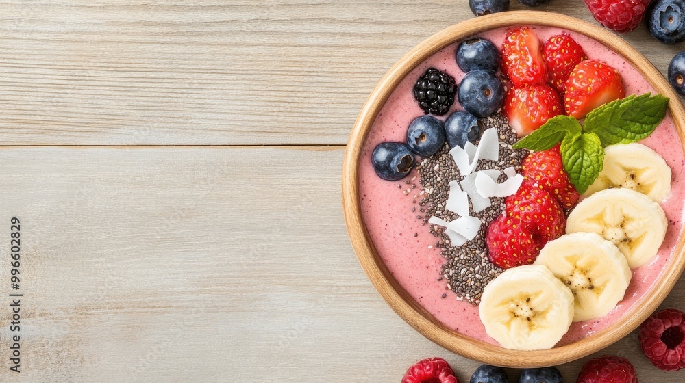 A vibrant smoothie bowl topped with fresh berries, banana slices, chia seeds, and mint on a rustic wooden surface. A vibrant smoothie bowl topped with fresh berries, banana slices, chia seeds, and mint on a rustic wooden surface.