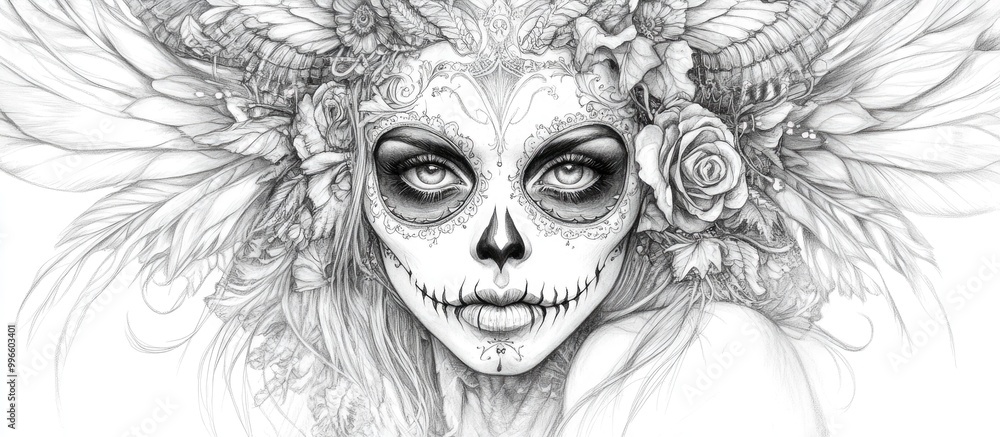 Skull fairy for Day of the Dead Hand drawn pencil illustration on paper Skull fairy for Day of the Dead Hand drawn pencil illustration on paper