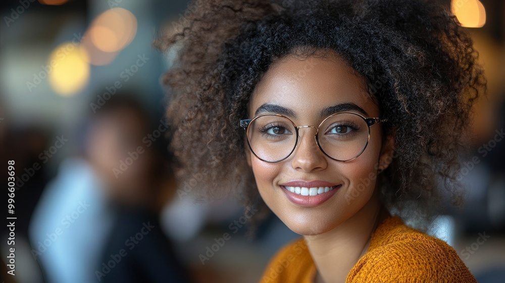 Portrait of a smiling young woman with glasses and curly hair Portrait of a smiling young woman with glasses and curly hair