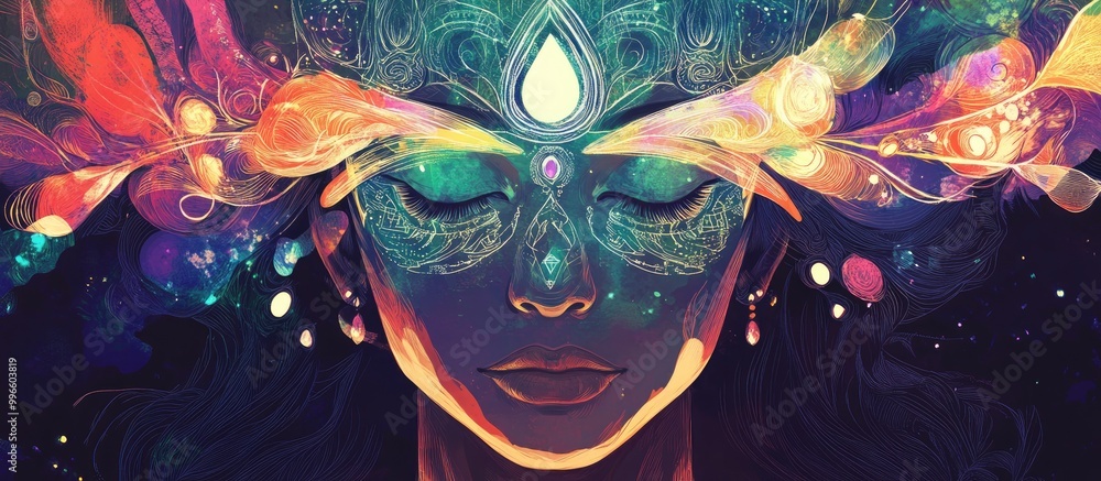 Mystical alchemical woman Fantasy art illustration Esoteric tarot inspired design Conceptual psychedelic portrait reflecting modern boho and yoga themes Mystical alchemical woman Fantasy art illustration Esoteric tarot inspired design Conceptual psychedelic portrait reflecting modern boho and yoga themes