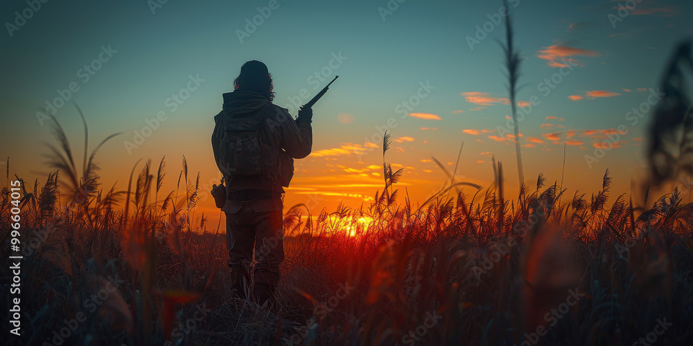Hunter silhouetted against a dawn sky with rifle raised in tall grass Hunter silhouetted against a dawn sky with rifle raised in tall grass
