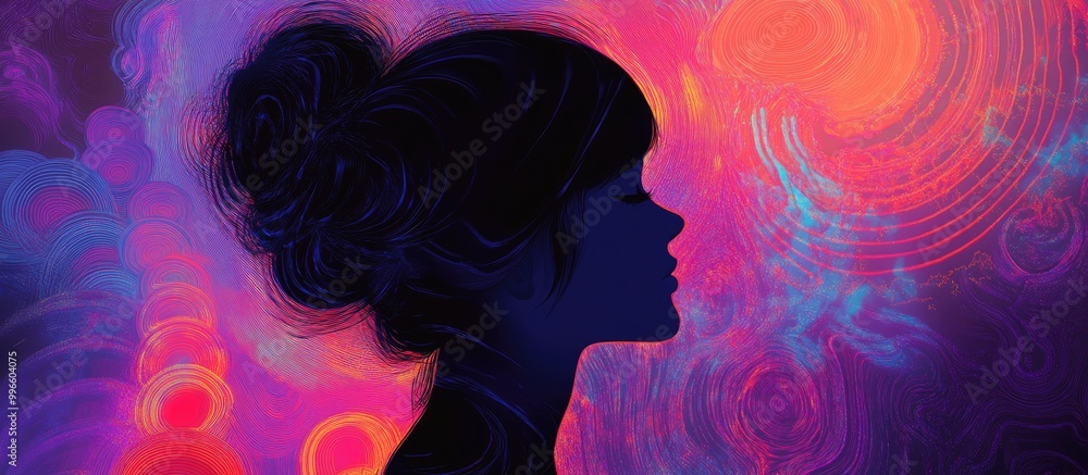 Surreal depiction of a girl s silhouette with a faceless expression featuring psychedelic art and a cosmic interior in a fantastic conceptual design Surreal depiction of a girl s silhouette with a faceless expression featuring psychedelic art and a cosmic interior in a fantastic conceptual design