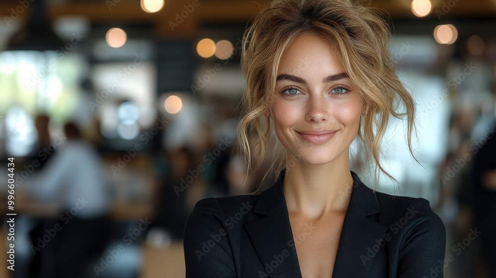 Confident Businesswoman Smiling in Modern Office Confident Businesswoman Smiling in Modern Office