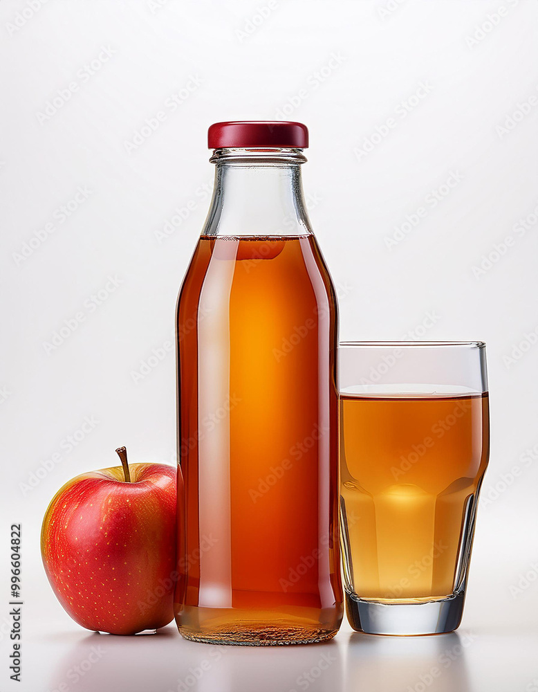 Refreshing apple juice bottle next to a glass and a fresh apple on a bright white background Refreshing apple juice bottle next to a glass and a fresh apple on a bright white background