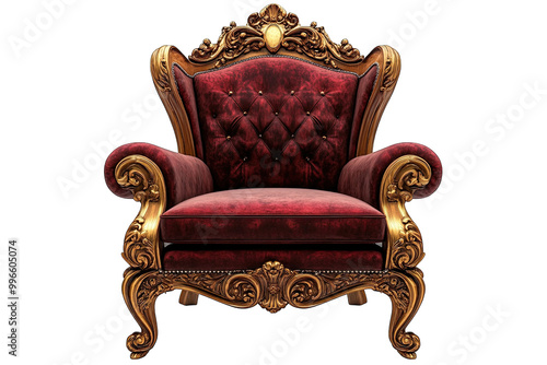 luxury classic wooden red and brown throne chair with elegant royal carving and clipping path isolated on transparent background  photo