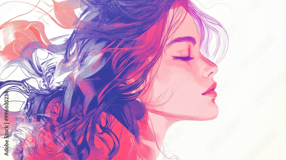 Abstract illustration of a young and beautiful girl depicted in a cute modern style against a white background showcasing a surrealistic design approach Abstract illustration of a young and beautiful girl depicted in a cute modern style against a white background showcasing a surrealistic design approach