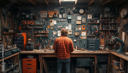 The Ultimate Home Workshop: Tools and Creativity Unite, organized garage workshop filled with tools, materials, and a DIYer working on a woodworking project, photo