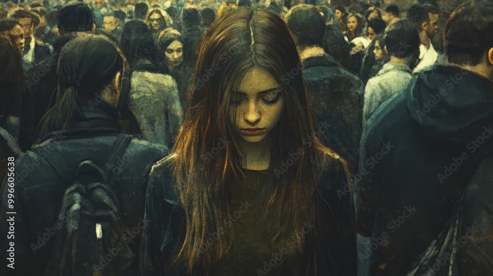 Surreal artwork depicting themes of solitude and sadness featuring a young woman feeling isolated amidst a bustling crowd Surreal artwork depicting themes of solitude and sadness featuring a young woman feeling isolated amidst a bustling crowd