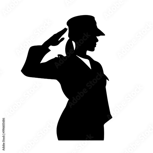 Female Soldier in Profile Saluting Silhouette Isolated on White Background – Vector Illustration