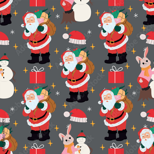 Christmas seamless pattern on gray background. Santa Claus and rabbit wth smowman. Noel holiday vector illustration.