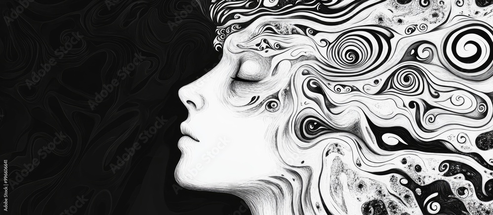 Surrealist artwork in a free drawing style depicting depression and the cyclical nature of depressive thoughts utilizing black and white to explore mental and emotional challenges Surrealist artwork in a free drawing style depicting depression and the cyclical nature of depressive thoughts utilizing black and white to explore mental and emotional challenges