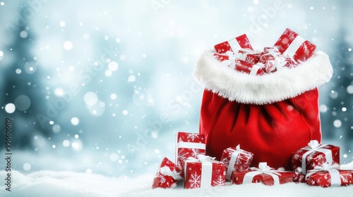 Red Santa Claus bag full of gift boxes against the snowy forest background christmas and new yesr banner mockup photo