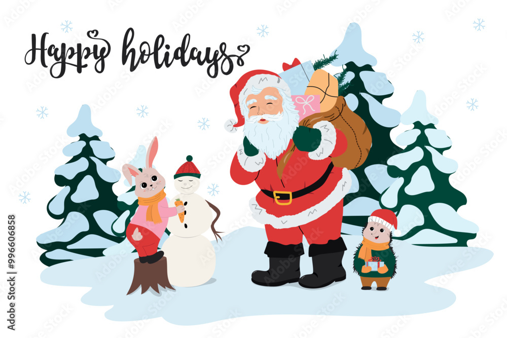Happy holidays 2024 card. Cute baby animals with Santa Claus. Horizontal vector illustration Happy holidays 2024 card. Cute baby animals with Santa Claus. Horizontal vector illustration