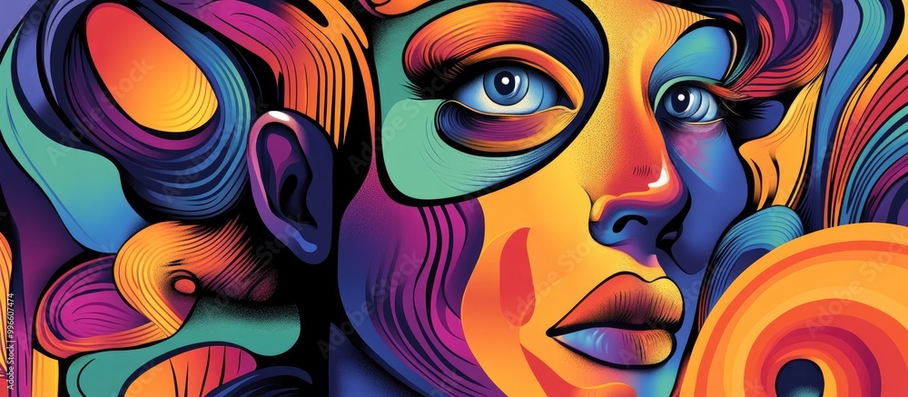 Surreal face design 2d featuring vibrant colors and intricate line art