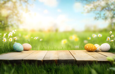 A wooden product display top with an Easter background of painted eggs and green grass and meadows.