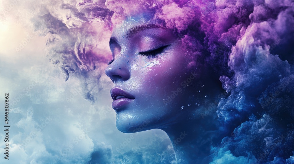 Surrealist 3D Illustration of a Female Portrait with Dreamy Splash Effects Surrealist 3D Illustration of a Female Portrait with Dreamy Splash Effects