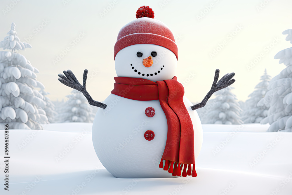 Obraz premium Snowman with hat and scarf
