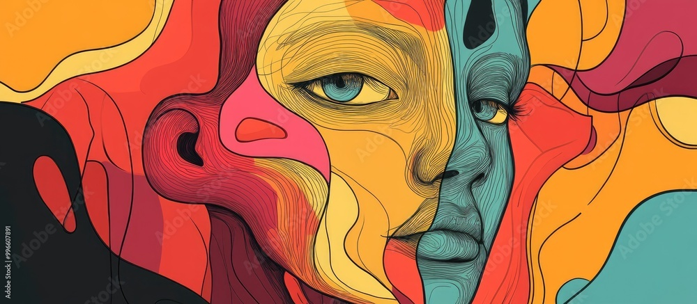 Surreal abstract design featuring line art of a face Surreal abstract design featuring line art of a face