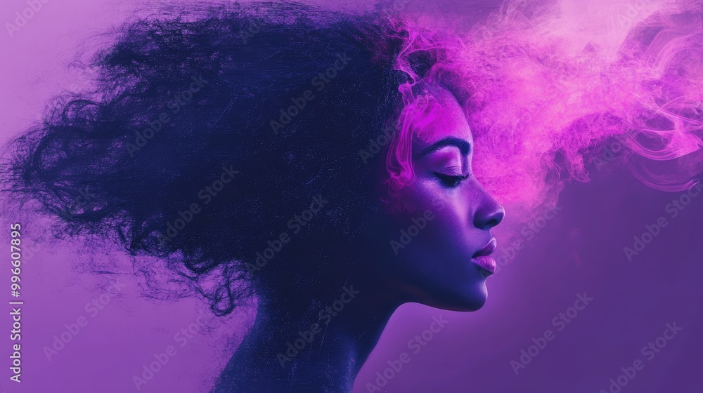 Portrait of a fantastical woman in purple and pink hues representing thought creativity and the complexities of mental health Portrait of a fantastical woman in purple and pink hues representing thought creativity and the complexities of mental health