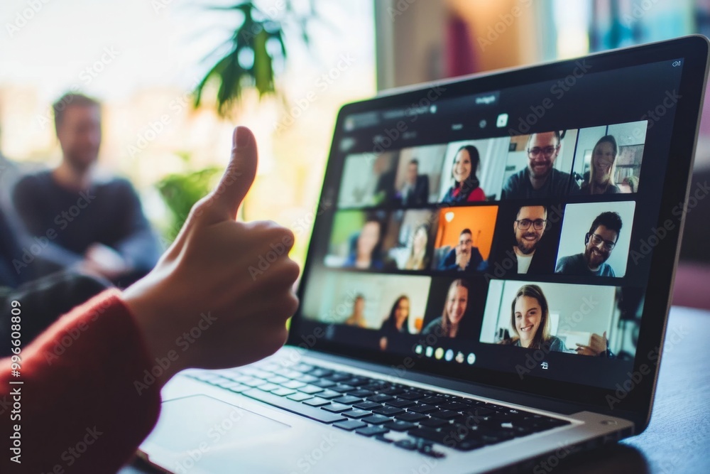 A vibrant online meeting scene shows people engaged in conversation. A thumbs up adds positivity. Perfect for remote work and collaboration themes. Generative AI