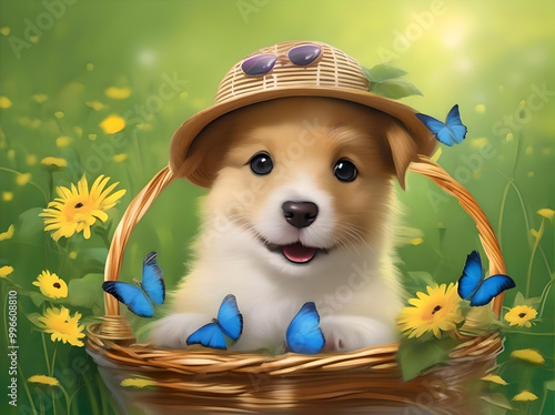 A golden retriever strolls through a colorful flower field, embodying joy in a picturesque garden setting. generated ai