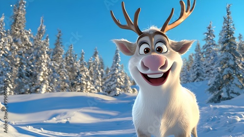 Cute white reindeer animation in snow, looking at camera, vibrant colors.