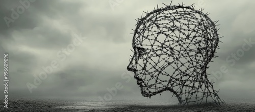 Concept of tortured thoughts and depression represented by tangled barbed wire shaped like a human head symbolizing psychological or psychiatric struggle and distress