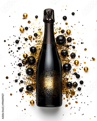 Bottle of champagne with golden glitter or powder splash isolated on beige background