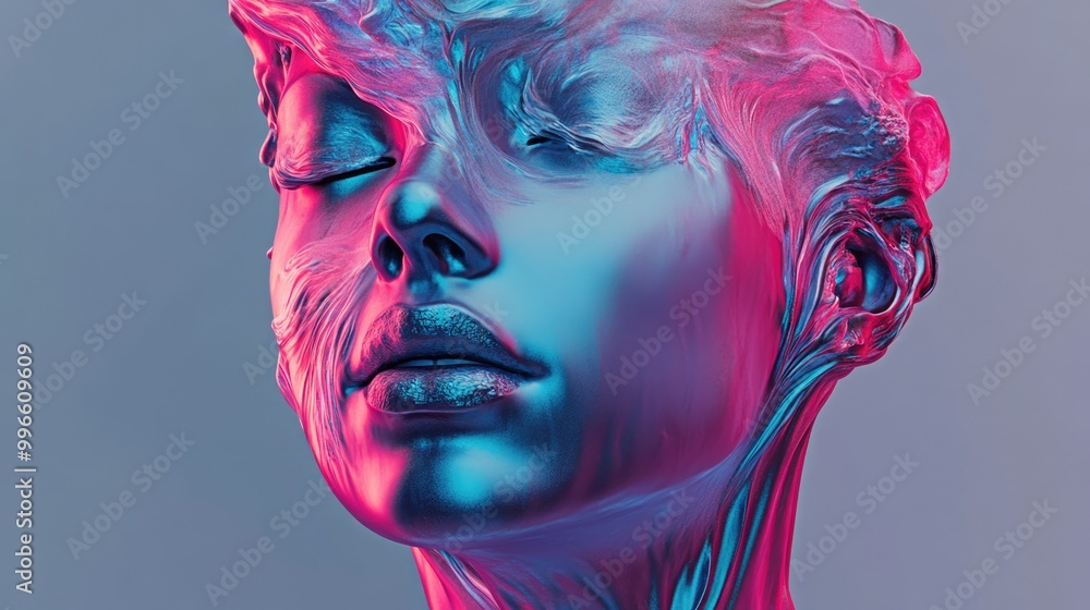 Abstract 3D rendering of a female bust figure with a water ripple effect featuring an anonymous face set against a gray background in vibrant vaporwave color palette Abstract 3D rendering of a female bust figure with a water ripple effect featuring an anonymous face set against a gray background in vibrant vaporwave color palette