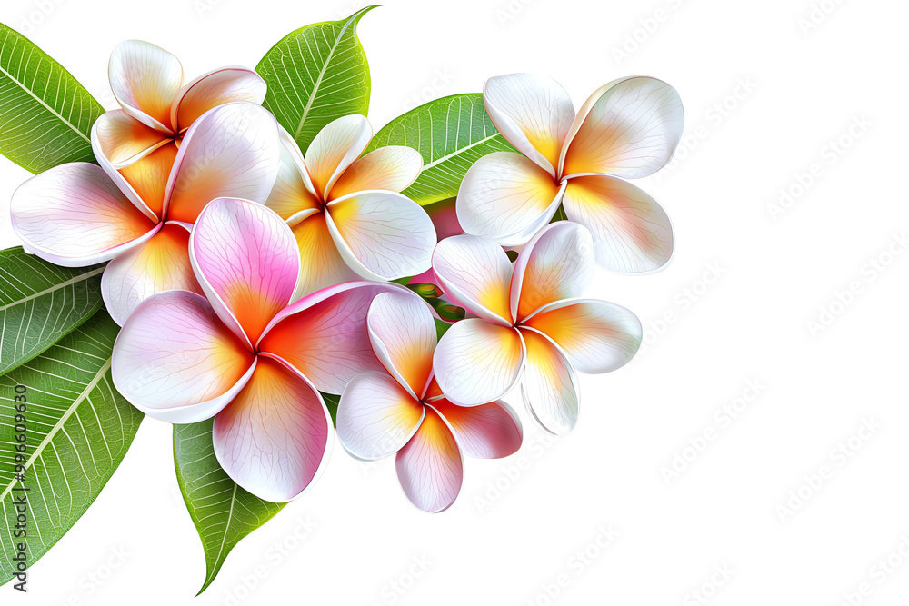 Beautiful Pink and Yellow Plumeria Flower with Green Leaf - Vibrant Tropical Bloom Photography Isolated on White Background for Floral and Botanical Design Beautiful Pink and Yellow Plumeria Flower with Green Leaf - Vibrant Tropical Bloom Photography Isolated on White Background for Floral and Botanical Design
