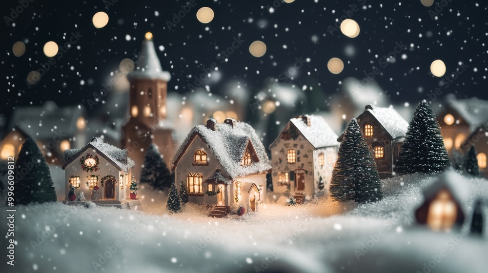 Naklejka premium An empty scene featuring (a snowy Christmas village with twinkling lights and softly falling snowflakes), creating an ideal product mockup space, 