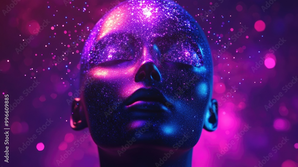Creative 3D rendering of a female bust figure featuring a galaxy of deep space particles on the face set against a background illuminated with vaporwave style colors Creative 3D rendering of a female bust figure featuring a galaxy of deep space particles on the face set against a background illuminated with vaporwave style colors