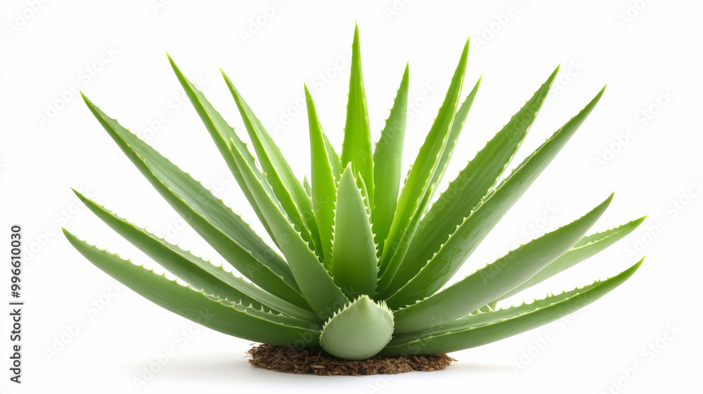 A vibrant green aloe vera plant with long, pointed leaves radiates outward against a white background, highlighting its fresh and healthy appearance. A vibrant green aloe vera plant with long, pointed leaves radiates outward against a white background, highlighting its fresh and healthy appearance.