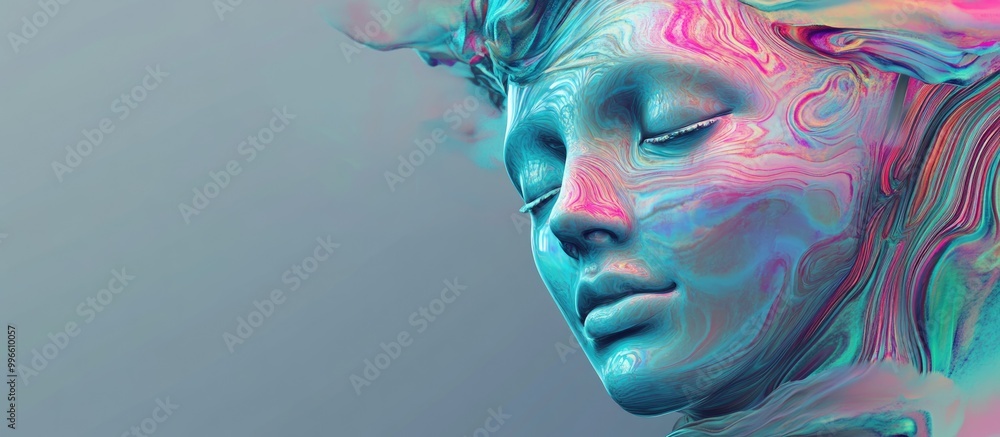 Abstract 3D rendering of a female bust figure with a water ripple effect and an anonymous face set against a gray background in vibrant vaporwave colors Abstract 3D rendering of a female bust figure with a water ripple effect and an anonymous face set against a gray background in vibrant vaporwave colors
