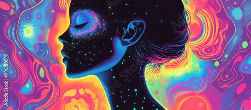 Surreal artwork featuring a girl s silhouette face with no eyes set against a psychedelic background and an imaginative cosmic design photo