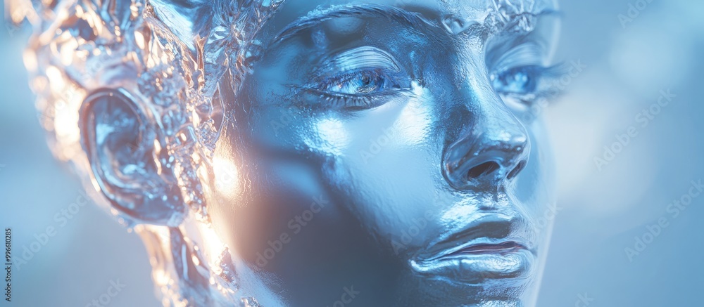 Surreal 3D illustration of a human face crafted from holographic chrome material embodying themes of cyborg and artificial intelligence Surreal 3D illustration of a human face crafted from holographic chrome material embodying themes of cyborg and artificial intelligence
