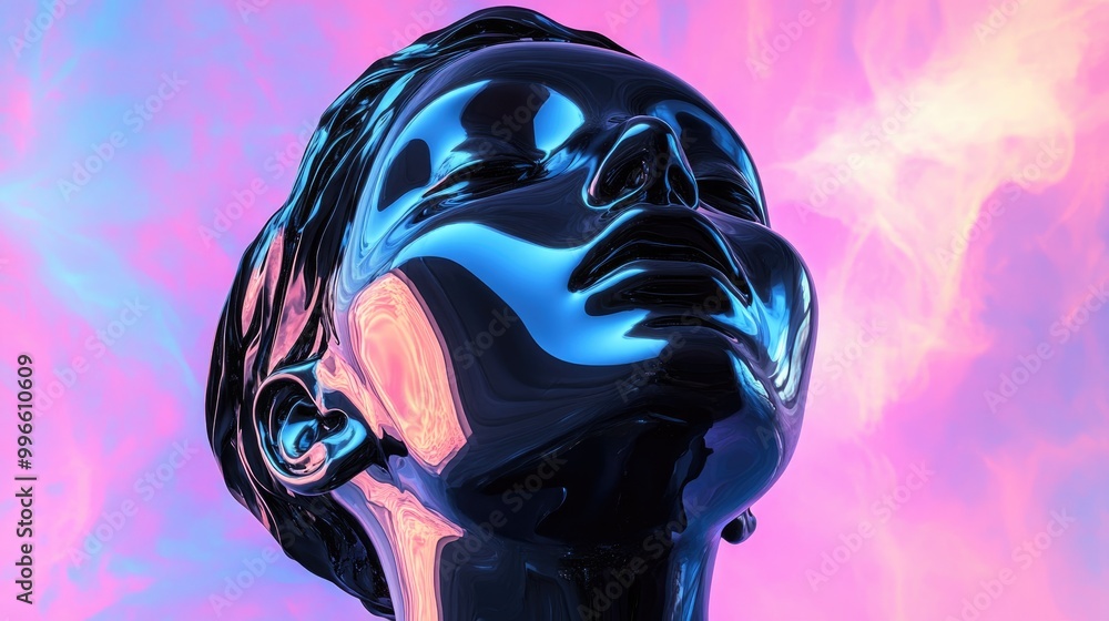 Abstract sculpture illustration featuring a 3D rendered matte black female figure with an anonymous face and a liquid chrome metal reflective piece showcased against a vaporwave color background Abstract sculpture illustration featuring a 3D rendered matte black female figure with an anonymous face and a liquid chrome metal reflective piece showcased against a vaporwave color background