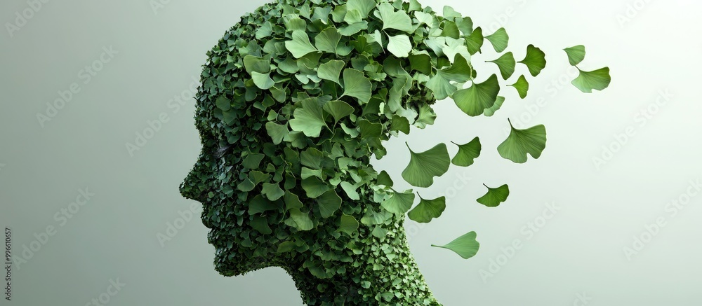 Fototapeta premium Concept of memory decline and cognitive impairment associated with dementia depicted through a 3D illustration featuring a human head formed by ginkgo biloba leaves