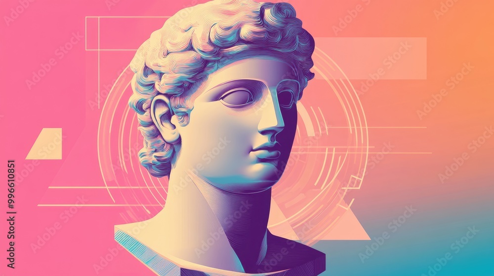Vaporwave synthwave surrealistic illustration featuring an antique 80s retro sculpture head adorned with geometric elements Flat 2d graphics design Vaporwave synthwave surrealistic illustration featuring an antique 80s retro sculpture head adorned with geometric elements Flat 2d graphics design