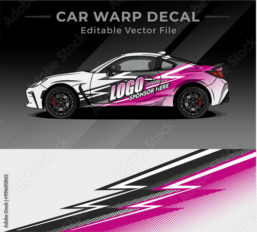 Car Warp Decal Sticker Design With Black Pink White Color. Racing Concept