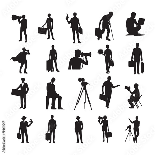 Set of people silhouettes. Various professional silhouettes representing photography and filmmaking jobs vector