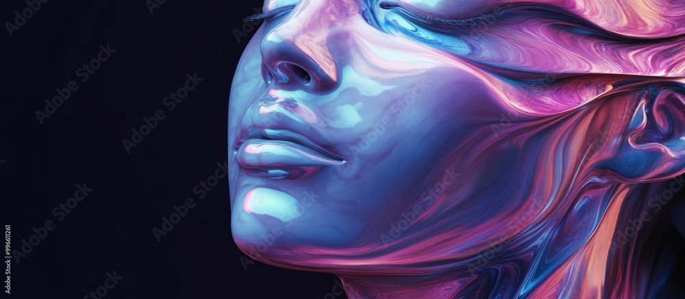 3D rendering of a white marble female head combined with liquid chrome reflecting abstract features against a dark background in vibrant vaporwave colors 3D rendering of a white marble female head combined with liquid chrome reflecting abstract features against a dark background in vibrant vaporwave colors
