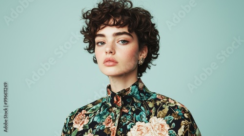 Young woman with curly hair, floral shirt, soft blue background