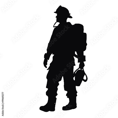 Silhouette of a Firefighter in Full Gear Isolated on White Background – Vector Art