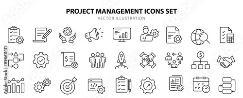Management set of web icons in linear style. Project management icons for web and mobile app. Business, organisation management, planning, project, startup, marketing, teamwork. Vector illustration