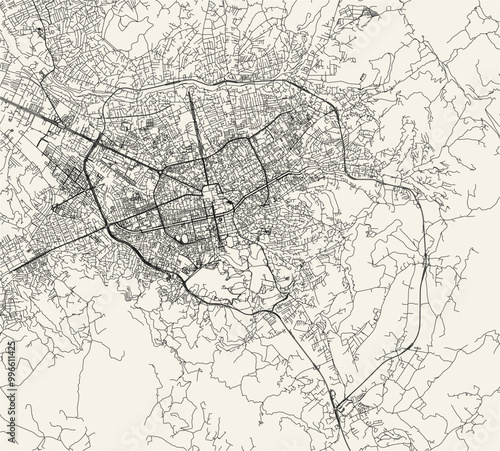 Vector City Road Map of Tirana, Albania data from Openstreetmap