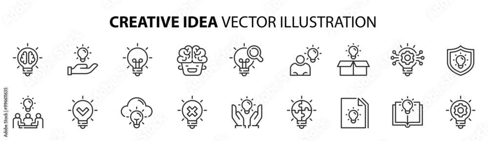 Set of line icons in linear style. Series - Idea. Business idea, creative idea and glowing light bulb. Outline icon collection. Conceptual pictogram and infographic Set of line icons in linear style. Series - Idea. Business idea, creative idea and glowing light bulb. Outline icon collection. Conceptual pictogram and infographic