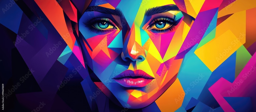 Abstract geometric female portrait composed of vibrant triangles and rectangles showcasing a surreal facial representation Abstract geometric female portrait composed of vibrant triangles and rectangles showcasing a surreal facial representation
