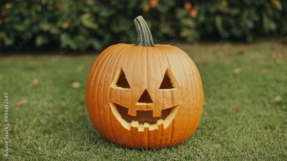 Carved pumpkin with a smiling face on grassy background. Carved pumpkin with a smiling face on grassy background.