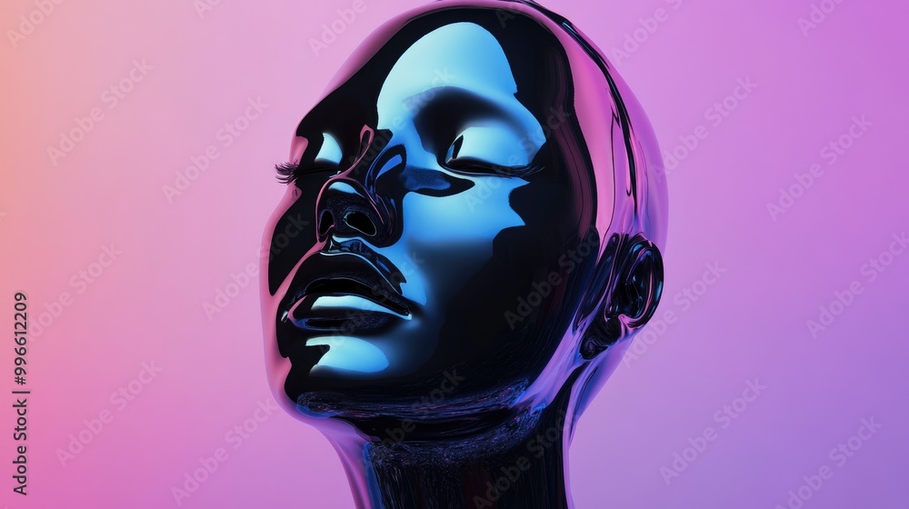 Abstract sculpture illustration featuring a 3D rendered matte black female figure with an anonymous face and a liquid chrome metal reflective piece showcased against a vaporwave color background Abstract sculpture illustration featuring a 3D rendered matte black female figure with an anonymous face and a liquid chrome metal reflective piece showcased against a vaporwave color background